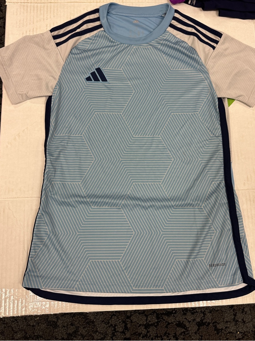 Brand New adidas Light Blue and Gray Hex-Pattern Kids Athletic Jersey